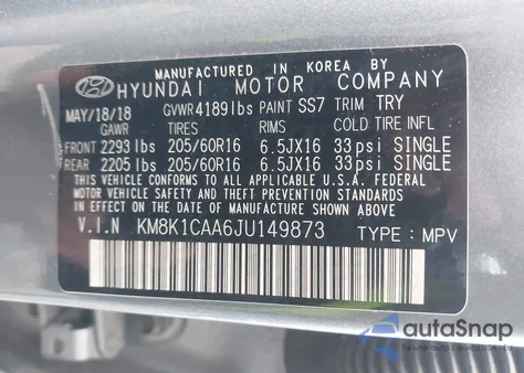 2018 Hyundai Kona Se z USA, uszkodzony, nr VIN KM8K1CAA6JU149873
